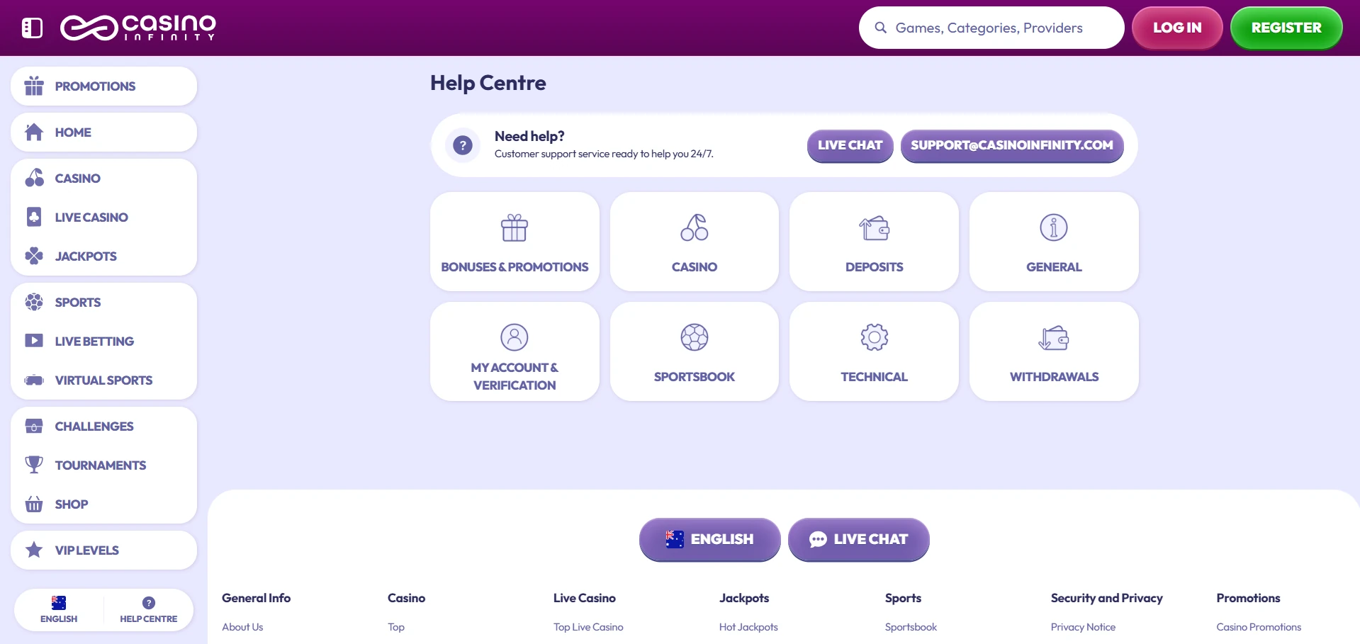 Infinity support chat window