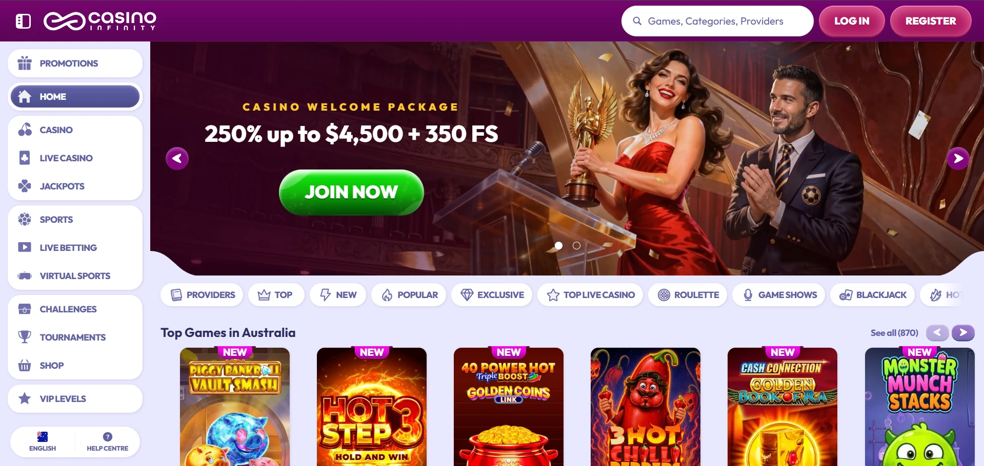 Infinity Casino home page on desktop, our starting point for the catalogue check